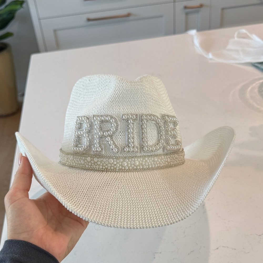 White Bridal Cowboy Hat with Pearl Accents